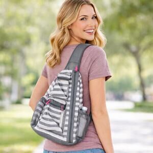 Thirty-One Sling-Back Bag Grey Wave Chevron Crossbody Travel Daypack